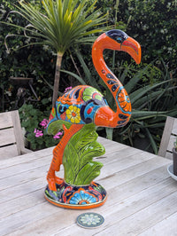 Flamingo Talavera Garden Sculpture | Ceramic Mexican Art Handmade Pottery | Orange Lawn Ornament