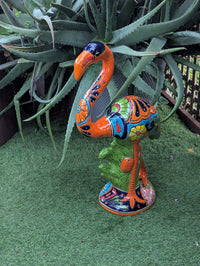 Flamingo Talavera Garden Sculpture | Ceramic Mexican Art Handmade Pottery | Orange Lawn Ornament