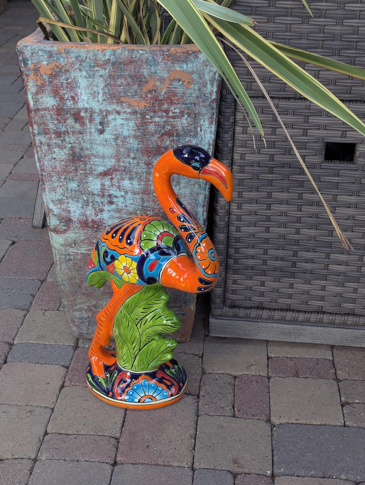 Flamingo Talavera Garden Sculpture | Ceramic Mexican Art Handmade Pottery | Orange Lawn Ornament