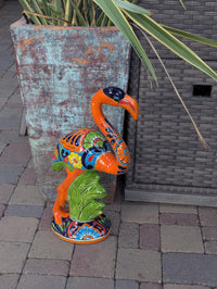 Flamingo Talavera Garden Sculpture | Ceramic Mexican Art Handmade Pottery | Orange Lawn Ornament