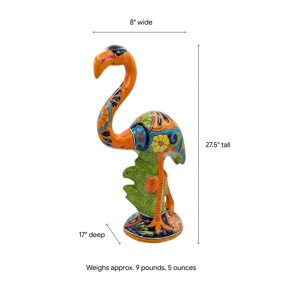 Flamingo Talavera Garden Sculpture | Ceramic Mexican Art Handmade Pottery | Orange Lawn Ornament