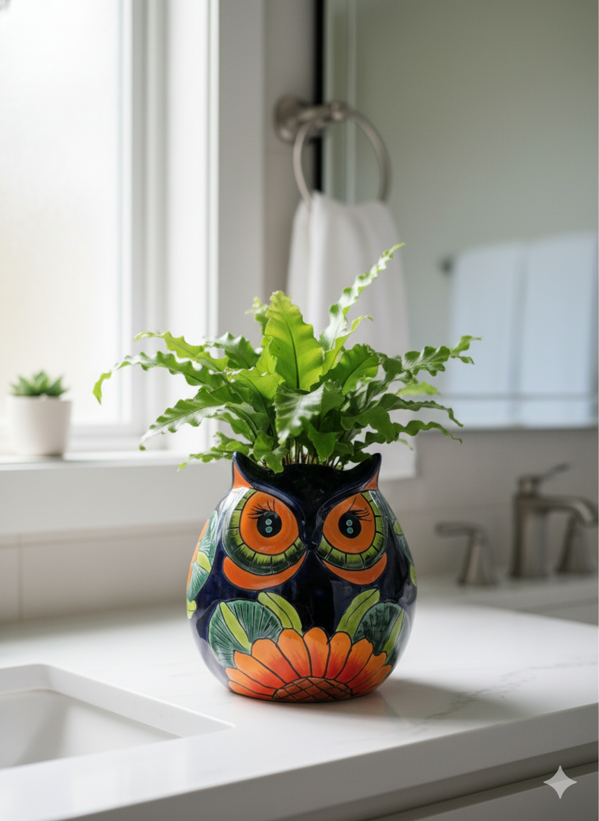 Sunflower Owl Mexican Flower Pot | Ceramic Talavera Pottery Works Indoor or Outdoor as Home Decor or Garden Decor