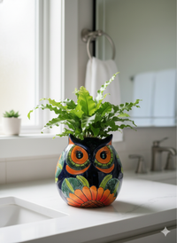 Sunflower Owl Mexican Flower Pot | Ceramic Talavera Pottery Works Indoor or Outdoor as Home Decor or Garden Decor