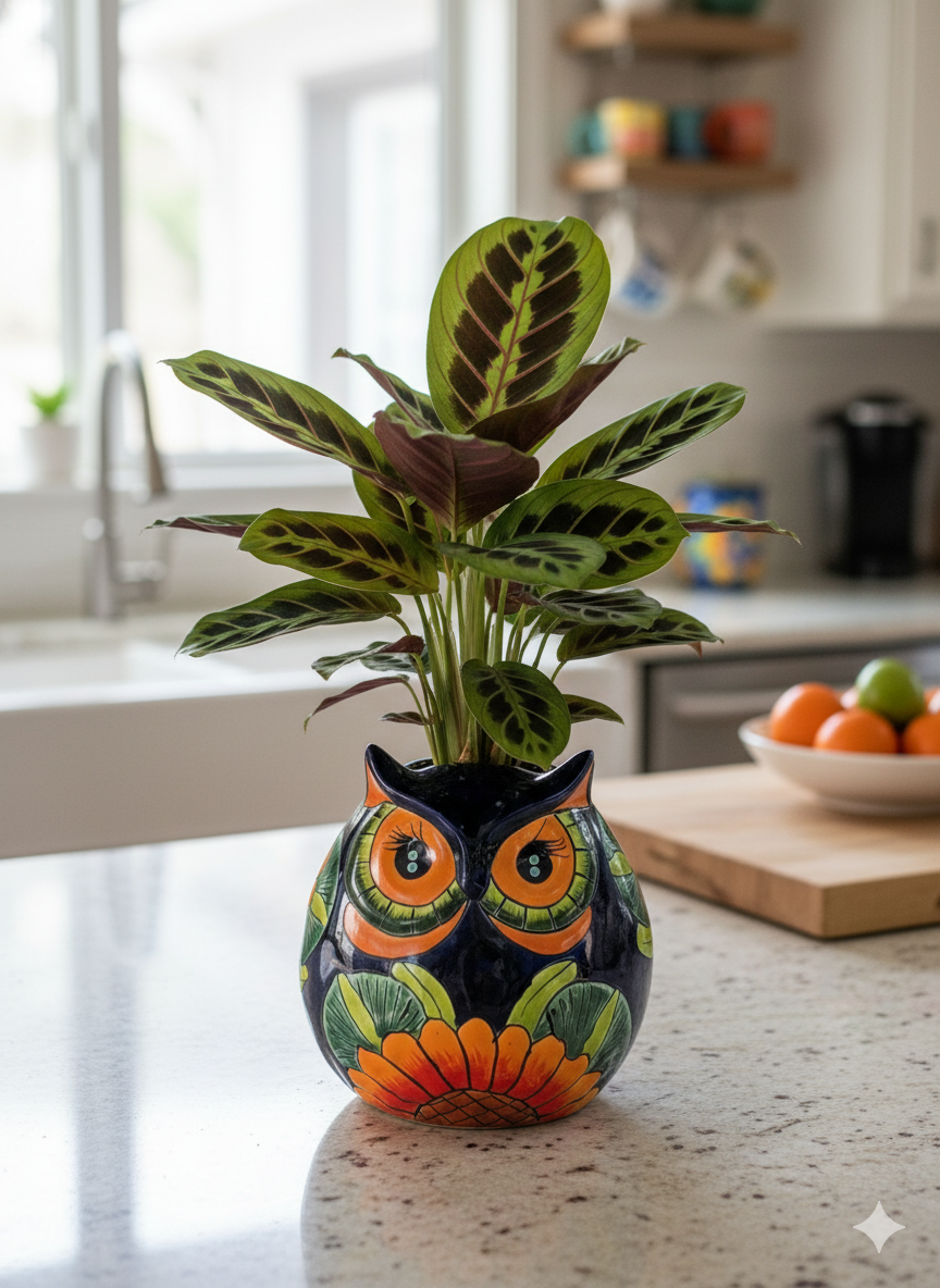 Sunflower Owl Mexican Flower Pot | Ceramic Talavera Pottery Works Indoor or Outdoor as Home Decor or Garden Decor