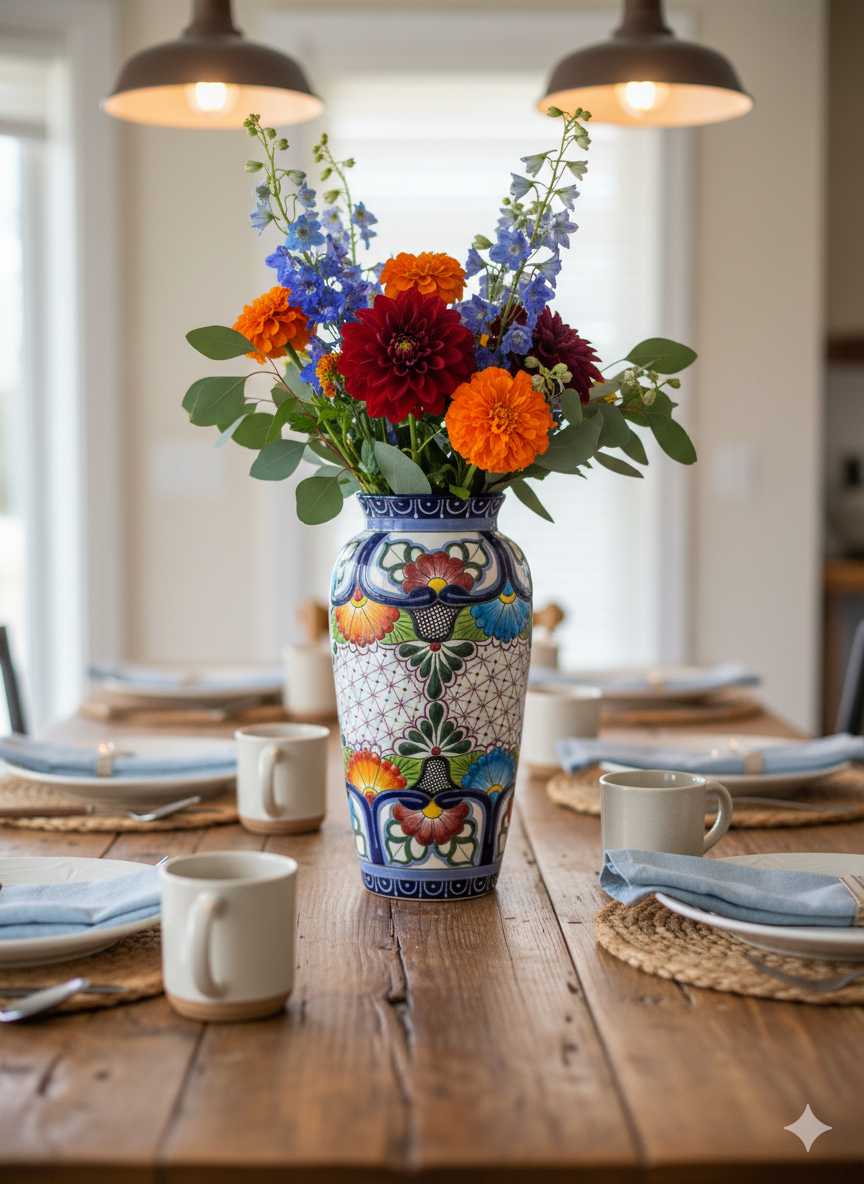Ceramic Talavera Vase is Exquisite Handmade Mexican Pottery | Decorative Flower Vase is Gorgeous Centerpiece for Home Decor or Yard Decor