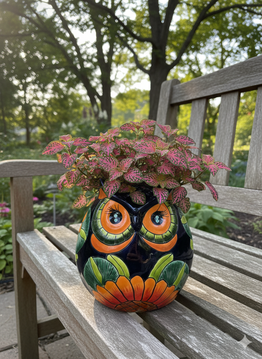 Sunflower Owl Mexican Flower Pot | Ceramic Talavera Pottery Works Indoor or Outdoor as Home Decor or Garden Decor