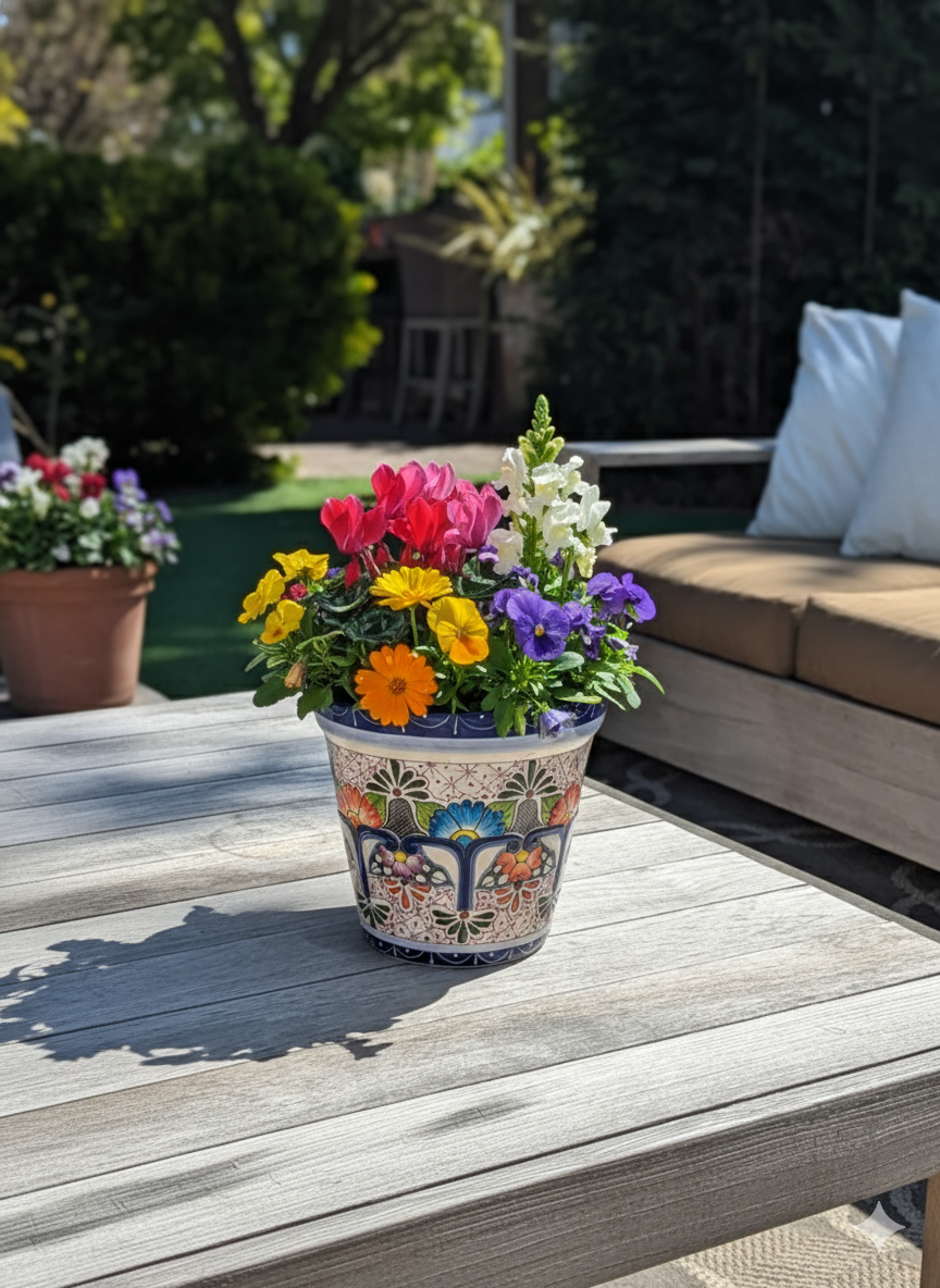 10.5" Round Ceramic Planter is Exquisite Handmade Mexican Pottery - Use as Outdoor Garden Decor, Indoor Home Decor, Flower Pot Centerpiece