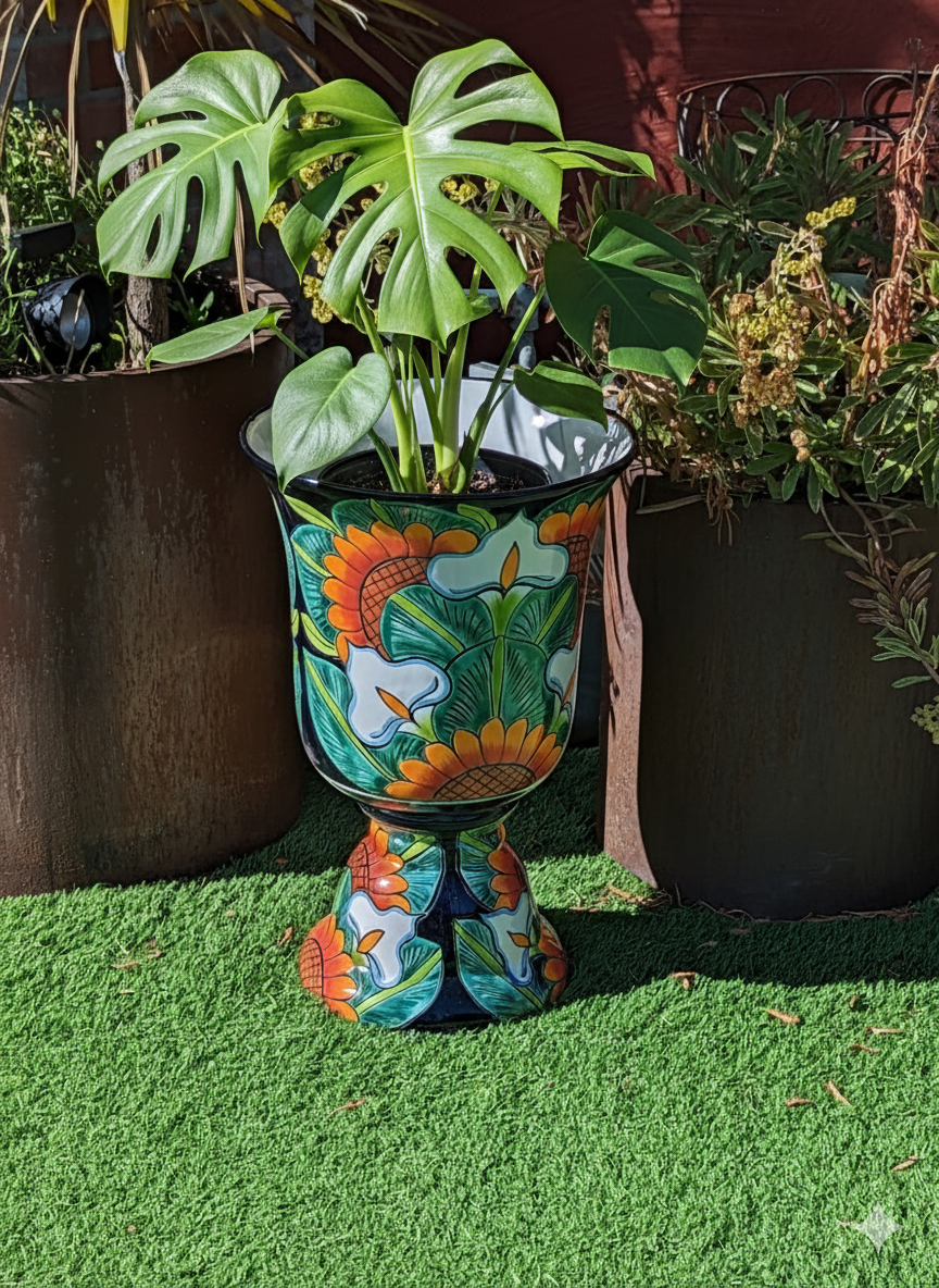 Sunflower Lily Planter is 22" Tall Handmade Talavera Ceramic Mexican Pottery | Lovely Outdoor Garden Decor & Yard Art Ships 10-1