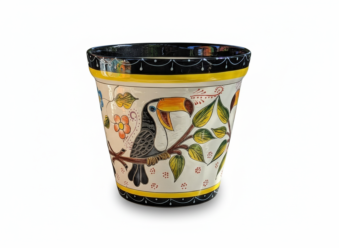 Toucan Flower Pot is Round Ceramic Planter Handmade in Mexico for Colorful Outdoor Garden Decor, or Bold Indoor Home Decor