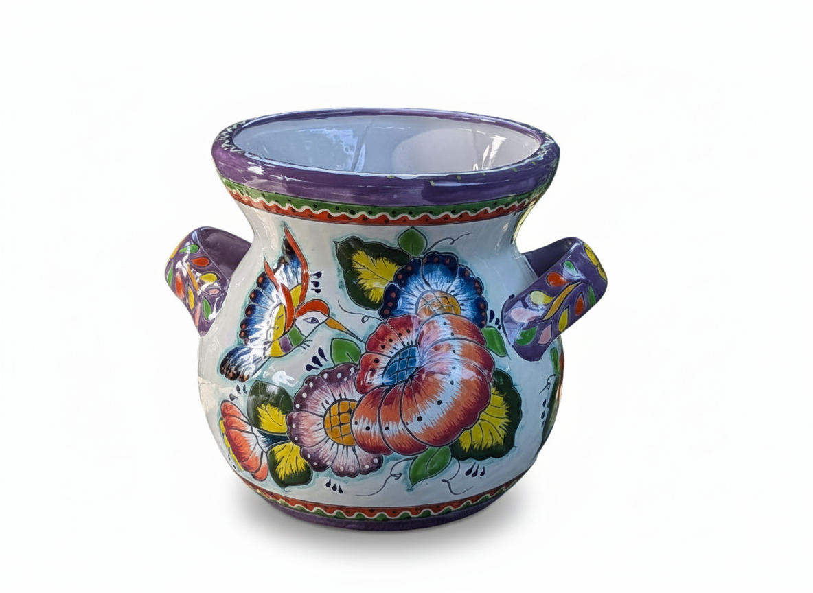 Hummingbirds Flower Pot 10.5" Round Talavera Ceramic Planter is Handmade Pottery for Outdoor Garden Decor or Indoor Home Decor