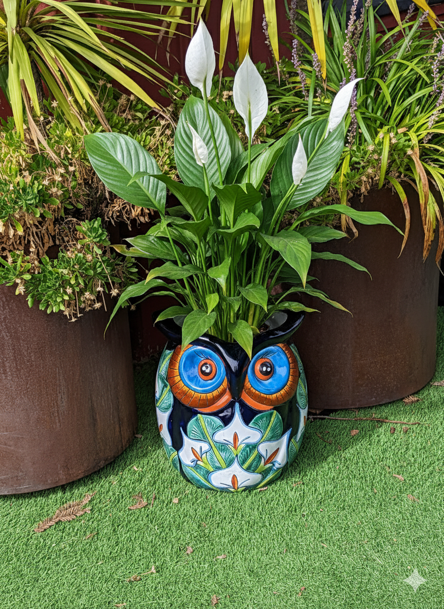 Gorgeous 14" Owl Flower Pot, Ceramic Planter is Handmade Talavera Pottery for Outdoor Garden Decor, Unique Housewarming Gift