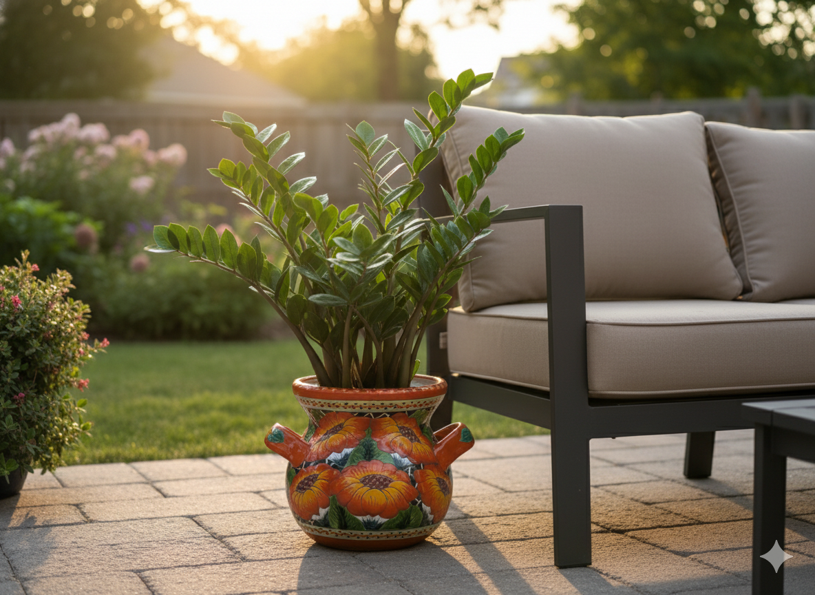 Orange Poppies Ceramic Flower Pot is 10.5 inch Round Handmade Mexican Talavera Pottery, Outdoor Garden Decor or Indoor Home Decor