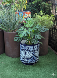 14" Tall Round Flower Pot Colorful Talavera Ceramic Planter is Handmade Mexican Pottery, Garden and Home Decor or Housewarming Gift