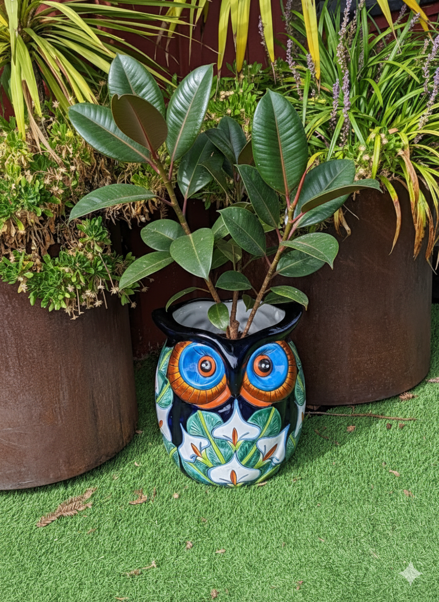 Gorgeous 14" Owl Flower Pot, Ceramic Planter is Handmade Talavera Pottery for Outdoor Garden Decor, Unique Housewarming Gift