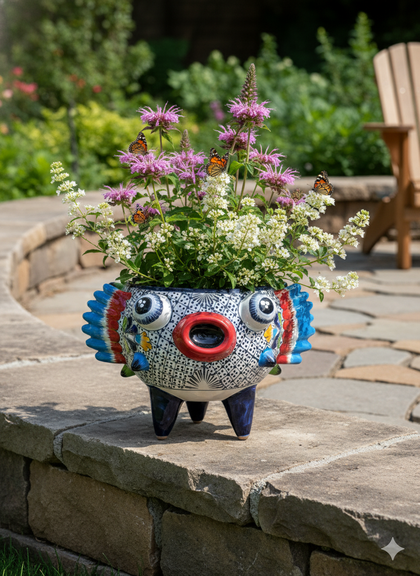 Talavera Blowfish Planter is Hand Painted Ceramic Mexican Pottery | Unique Planter Yard Art & Outdoor Garden Decor from https://luv2brd.com