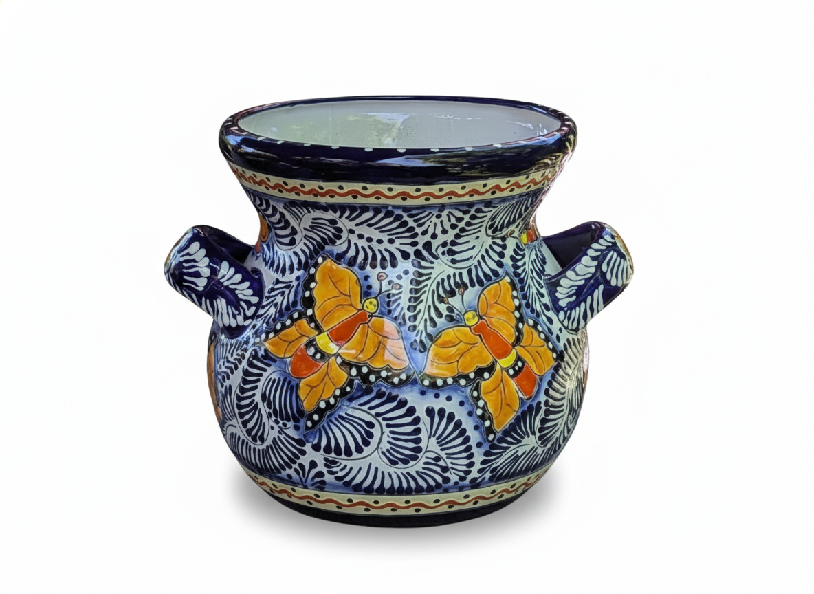 Butterfly Flower Pot & Yard Art is 10.5" Round Talavera Ceramic Planter, Handmade Pottery for Outdoor Garden Decor or Home Decor
