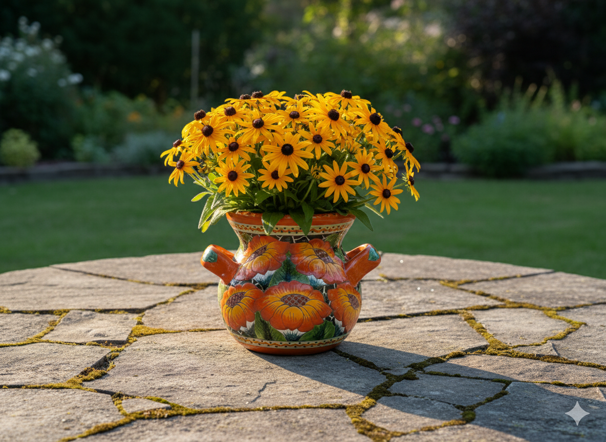 Orange Poppies Ceramic Flower Pot is 10.5 inch Round Handmade Mexican Talavera Pottery, Outdoor Garden Decor or Indoor Home Decor