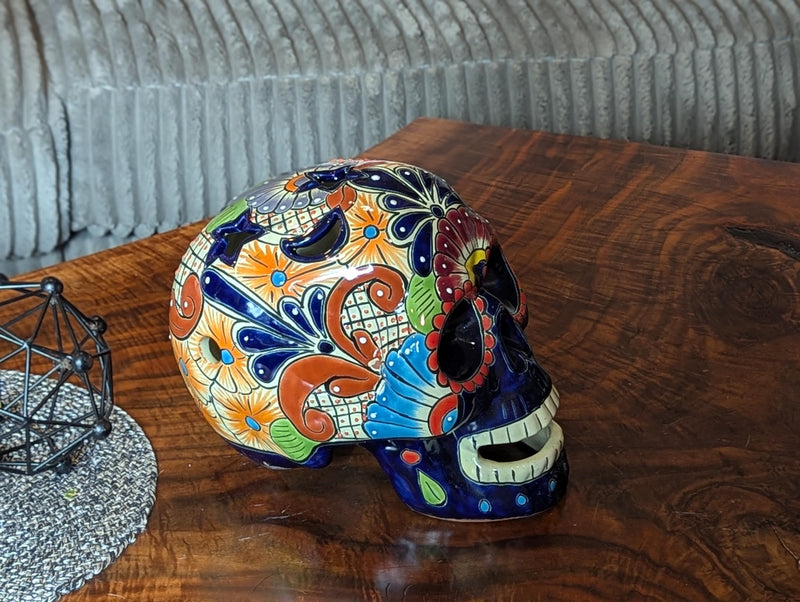 Halloween Skull Decor for Trick or Treat, Holiday Yard Decoration, Handmade Talavera Pottery, 9-inch Tall from luv2brd.com
