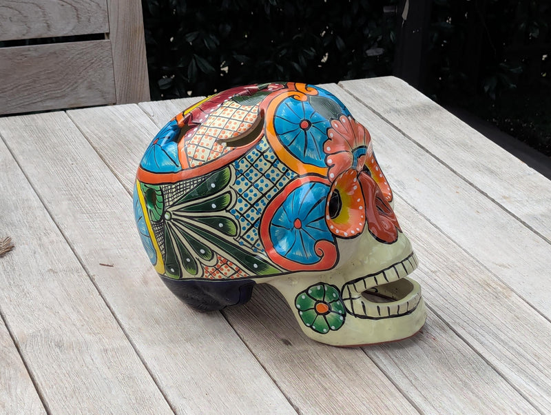 Halloween Skull Decor for Trick or Treat, Holiday Yard Decoration, Handmade Talavera Pottery, 9-inch Tall from luv2brd.com