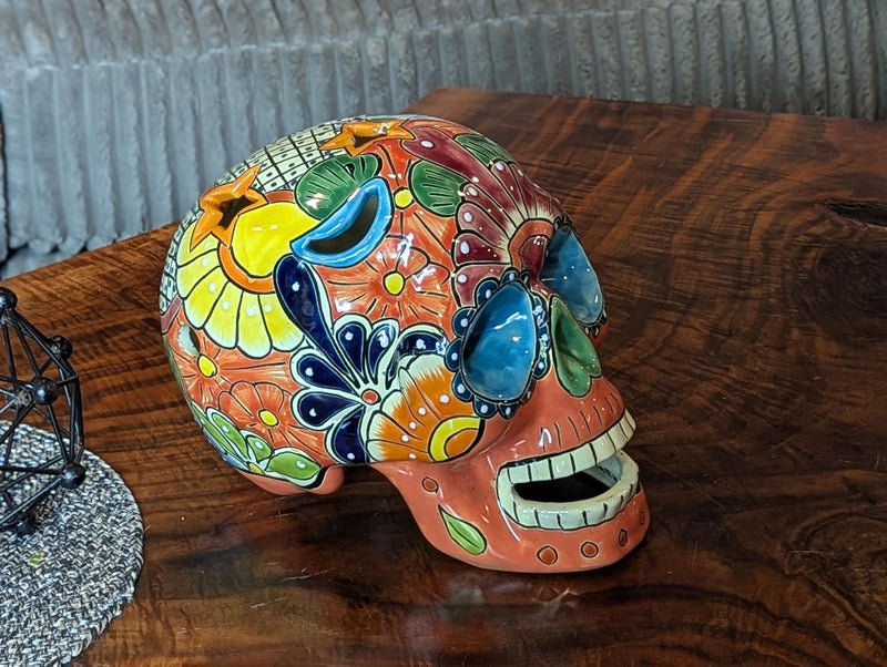 Halloween Skull Decor for Trick or Treat, Holiday Yard Decoration, Handmade Talavera Pottery, 9-inch Tall from luv2brd.com