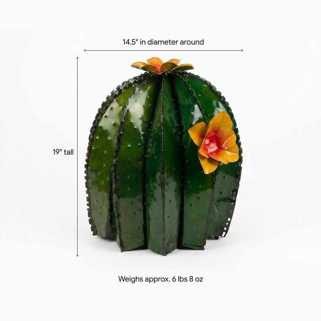 Hand Painted Metal Barrel Cactus | Mexican Yard Art Decor