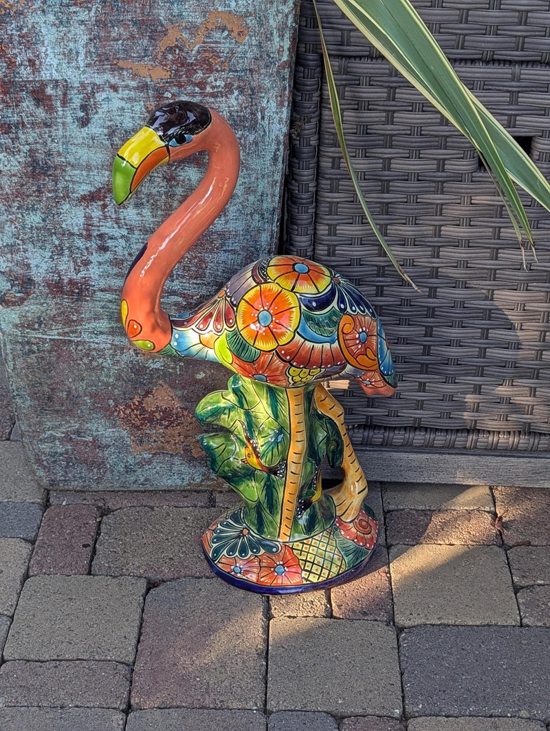 Handmade Talavera Flamingo Garden Statue | Ceramic Mexican Pottery | Colorful Lawn Ornament