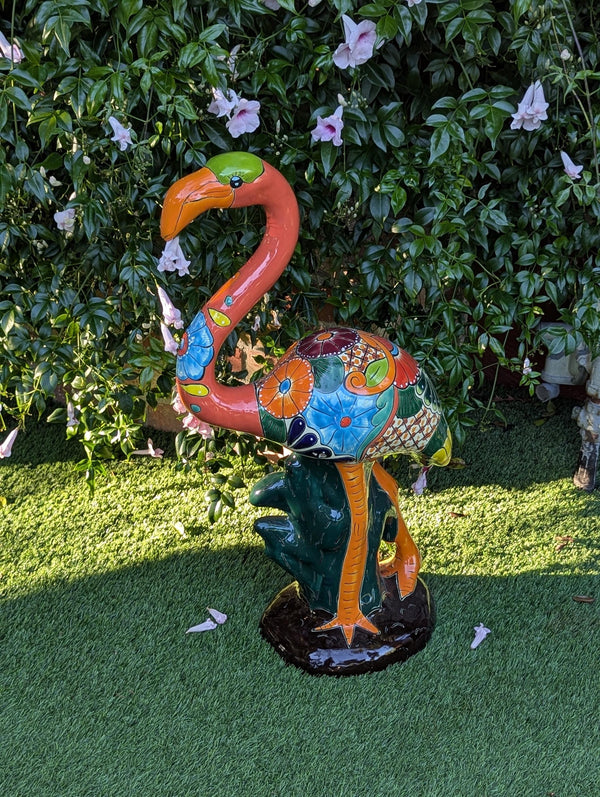 Handmade Talavera Flamingo Statue | Ceramic Mexican Art Sculpture | Colorful Outdoor Patio Decor