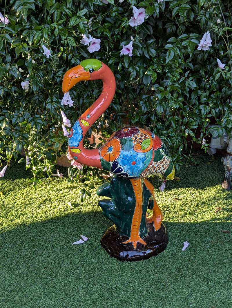 Handmade Talavera Flamingo Statue | Ceramic Mexican Art Sculpture | Colorful Outdoor Patio Decor