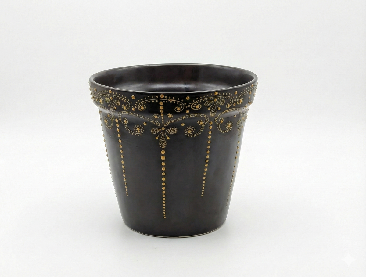 Black pot with gold decorative patterns on a white background