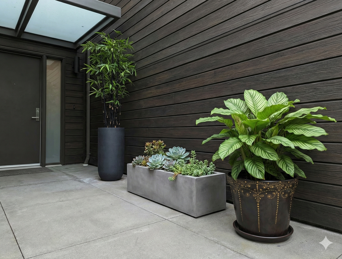 Potted plants in front of a modern building with wooden facade