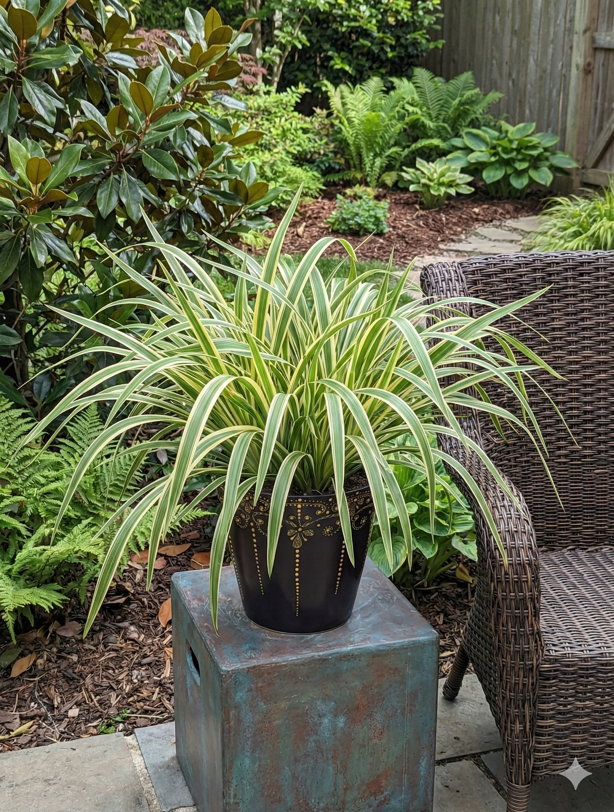 Potted plant on a metal stand in a garden setting with wicker furniture.