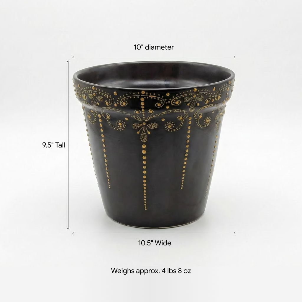 Black & Gold Flower Pot | 10.5" Round Ceramic Planter is Handmade Talavera Pottery for Outdoor Garden Decor, Indoor Home Decor, Centerpiece