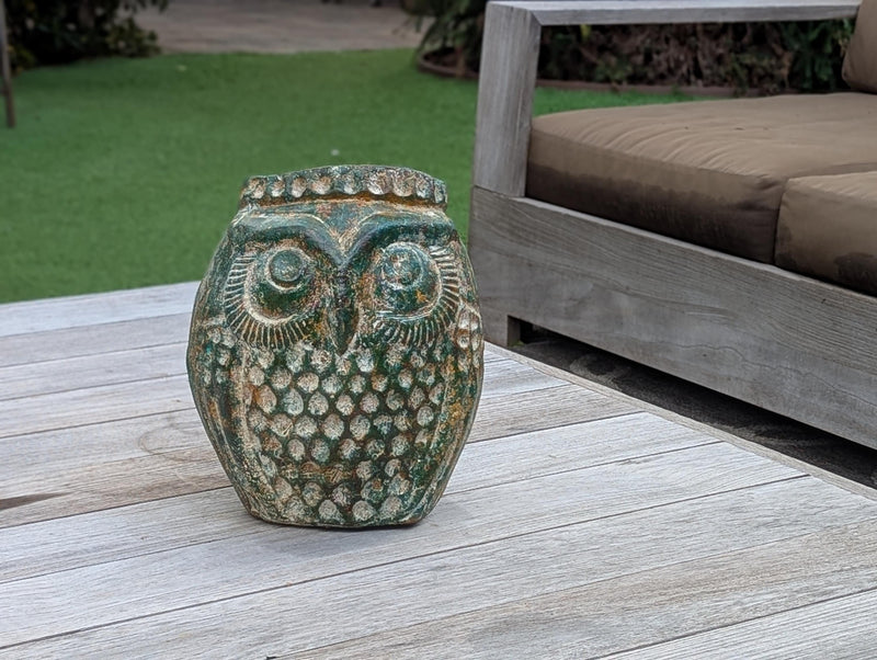 Mexican Owl Planter Pot for Indoor Home Decor or Outdoor Garden Decorations, Medium Owl in Clay with Green Dustings