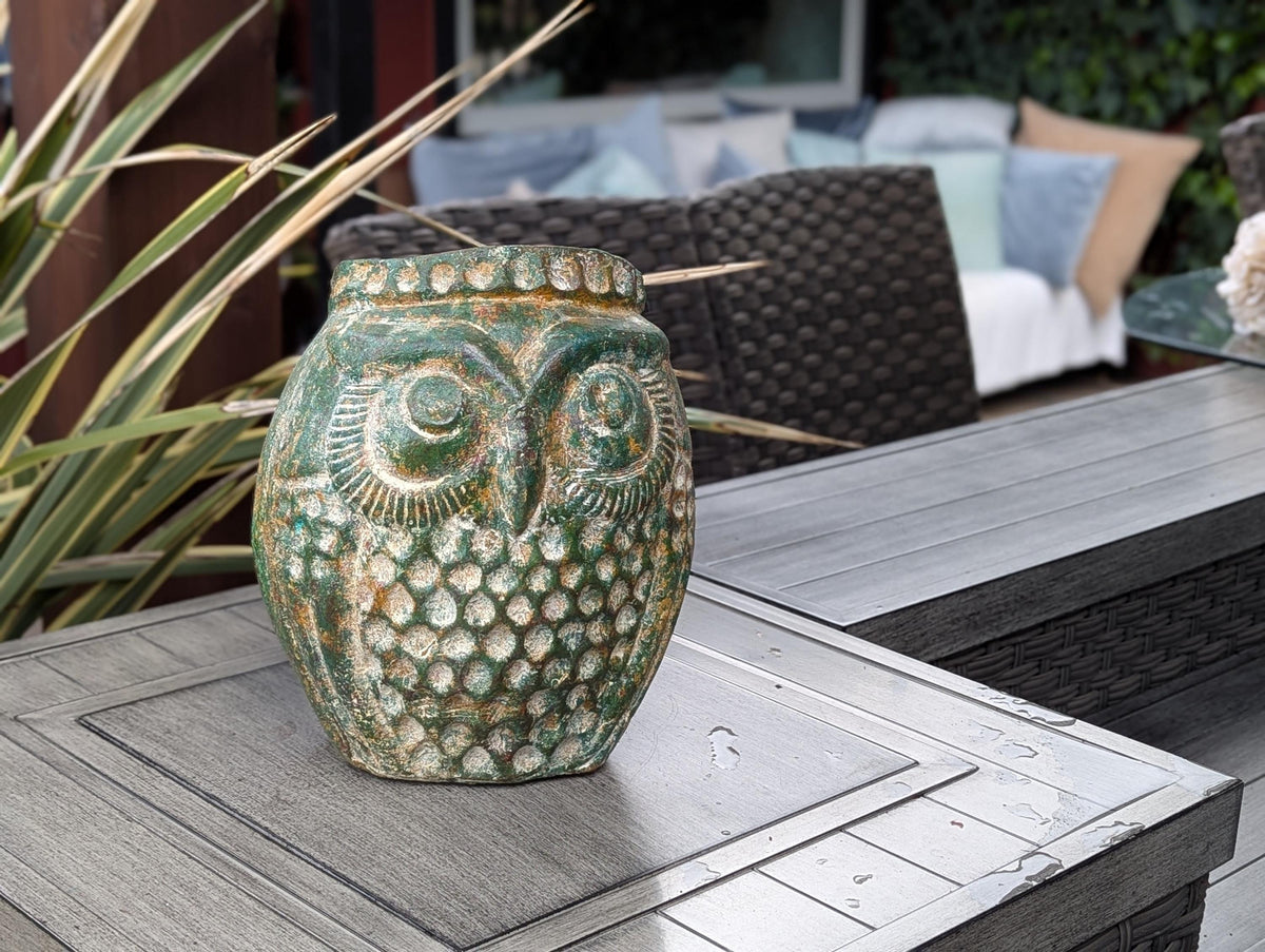 Mexican Owl Planter Pot for Indoor Home Decor or Outdoor Garden Decorations, Medium Owl in Clay with Green Dustings