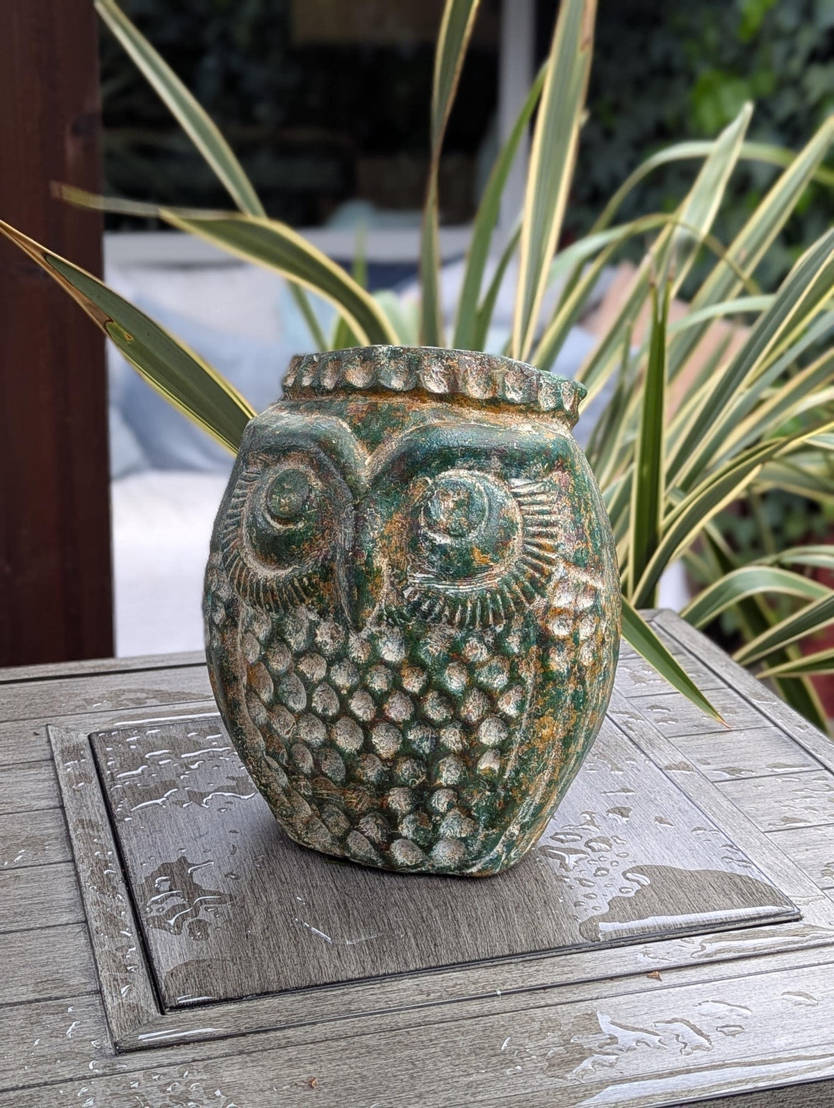 Mexican Owl Planter Pot for Indoor Home Decor or Outdoor Garden Decorations, Medium Owl in Clay with Green Dustings