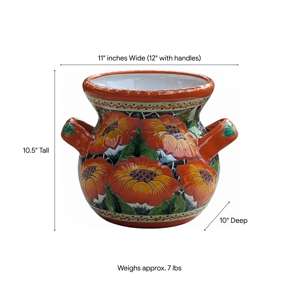 Orange Poppies Planter | 10.5" Handmade Mexican Pottery