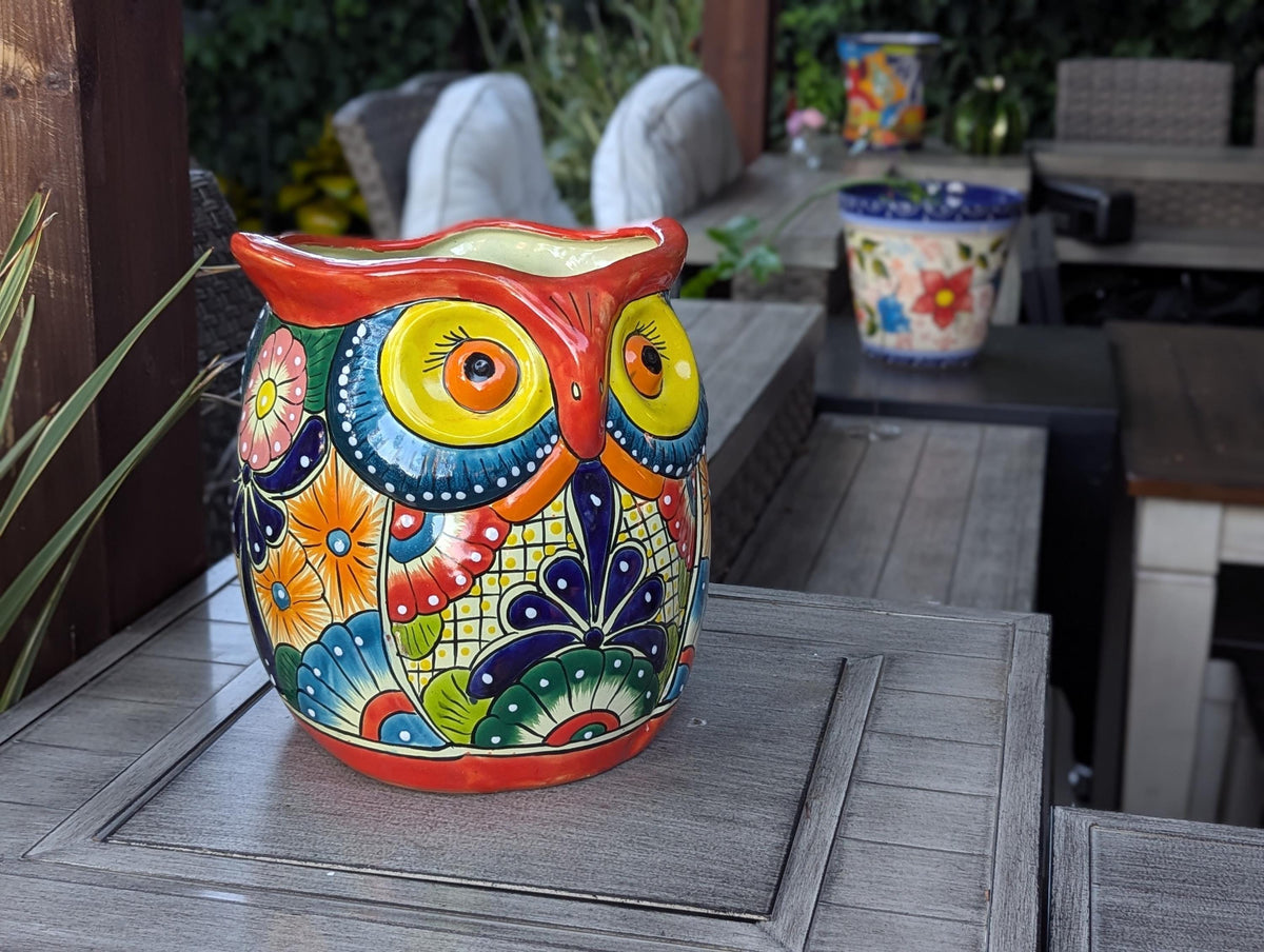 Outdoor Owl Planter | 11.5" Tall Talavera Ceramic Flower Pot | Handmade Mexican Pottery Gift