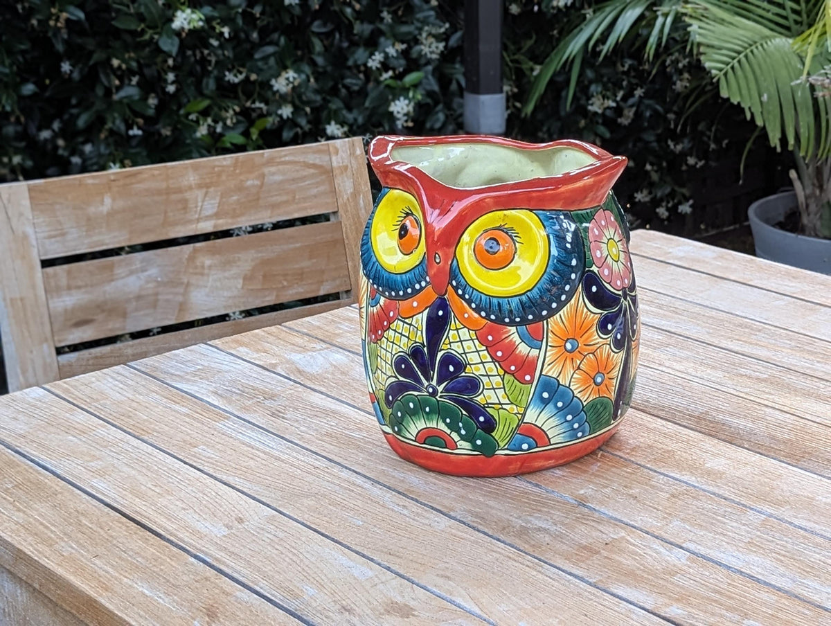 Outdoor Owl Planter | 11.5" Tall Talavera Ceramic Flower Pot | Handmade Mexican Pottery Gift