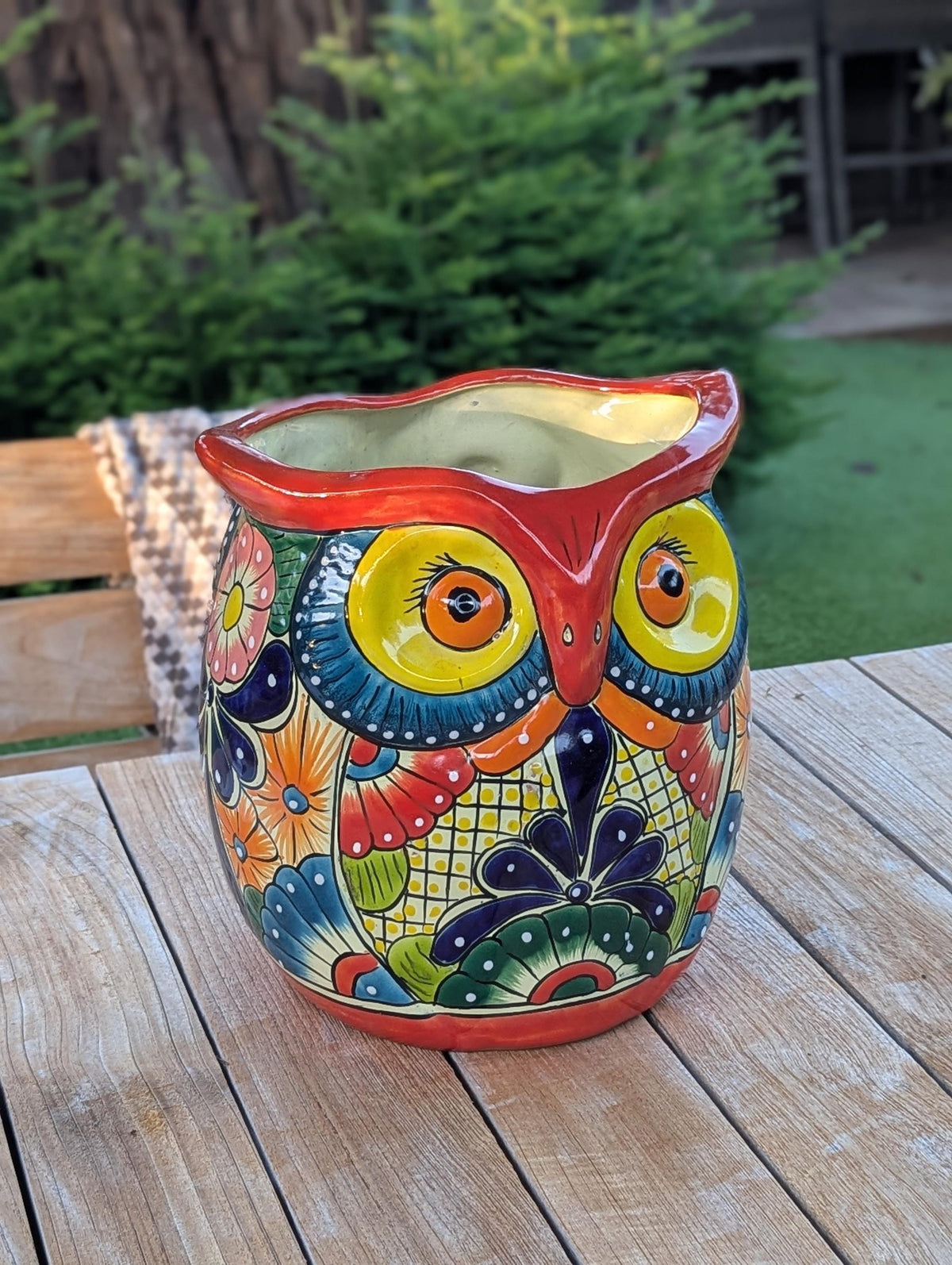 Outdoor Owl Planter | 11.5" Tall Talavera Ceramic Flower Pot | Handmade Mexican Pottery Gift