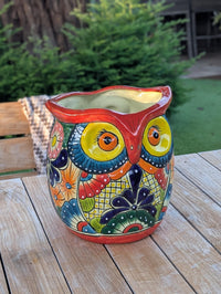 Outdoor Owl Planter | 11.5" Tall Talavera Ceramic Flower Pot | Handmade Mexican Pottery Gift