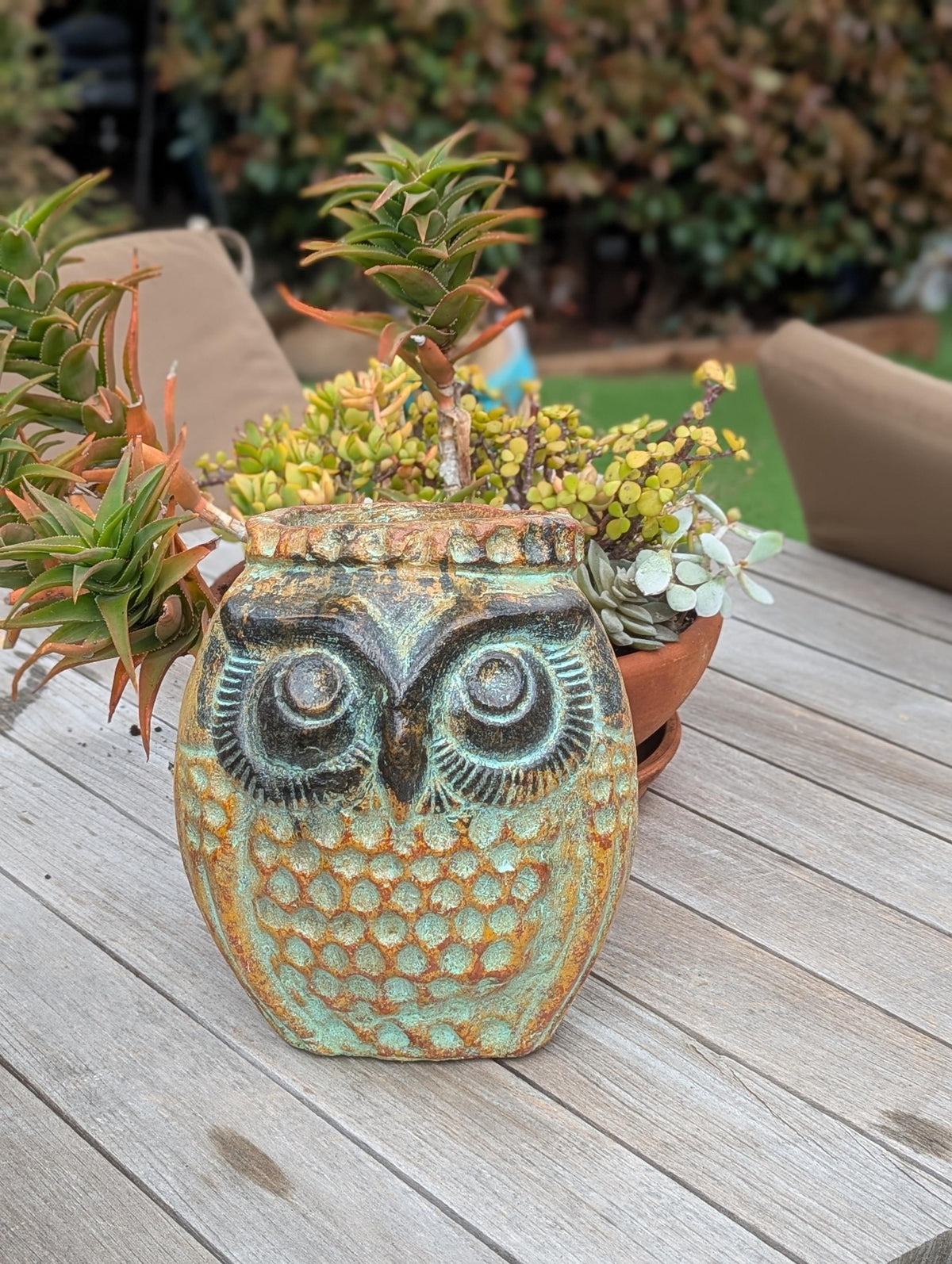 Mexican Owl Planter Pot for Indoor Home Decor or Outdoor Garden Decorations, Medium Owl Pot in Clay with Brown & Green Colors