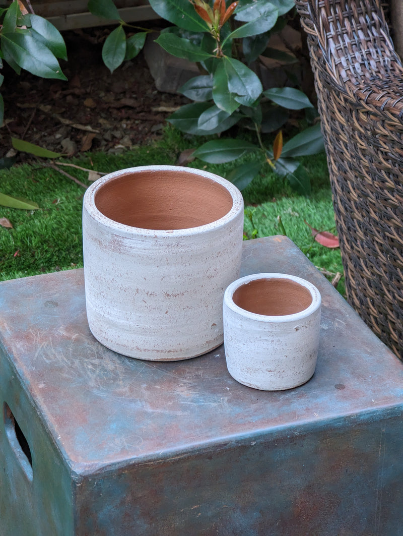 Concrete White-Washed Terracotta Cylinder Planters, Set of 2 Flower Pots from Nicaragua