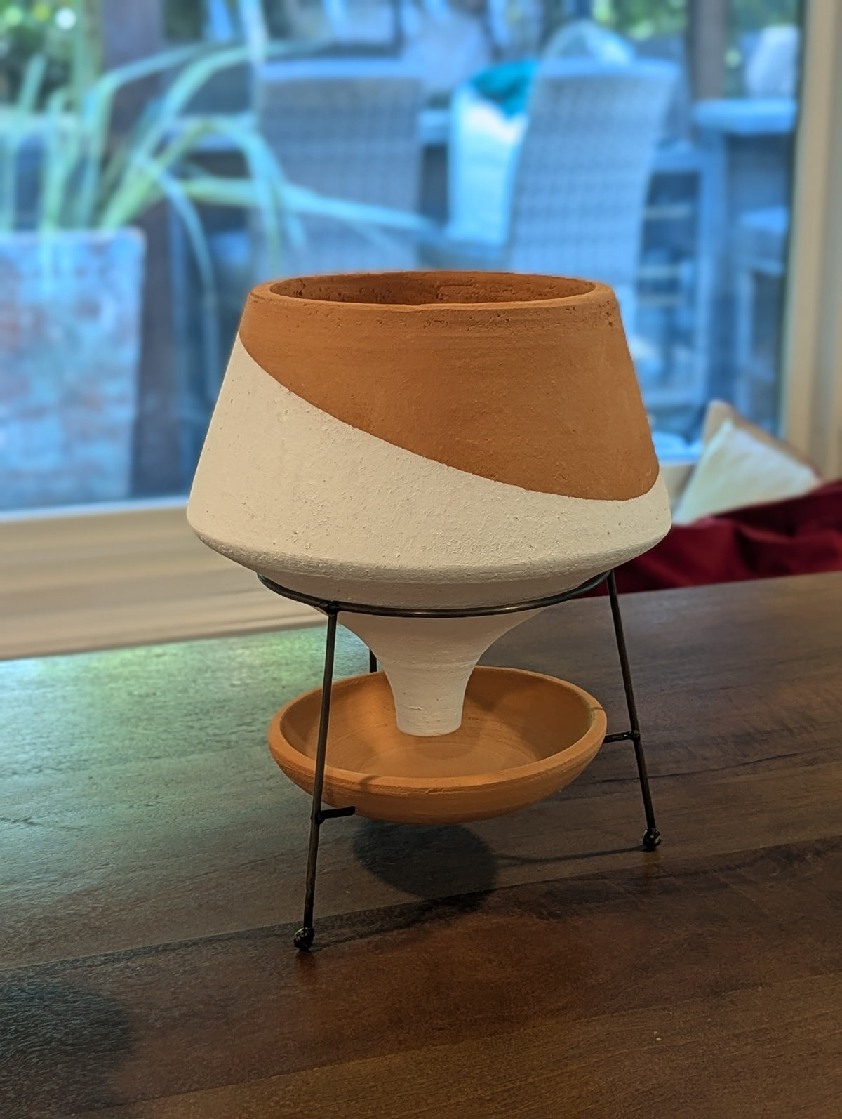 Natural & White Terracotta Funnel Planter with Wire Base, Indoor Flower Pot Housewarming Gift for Her
