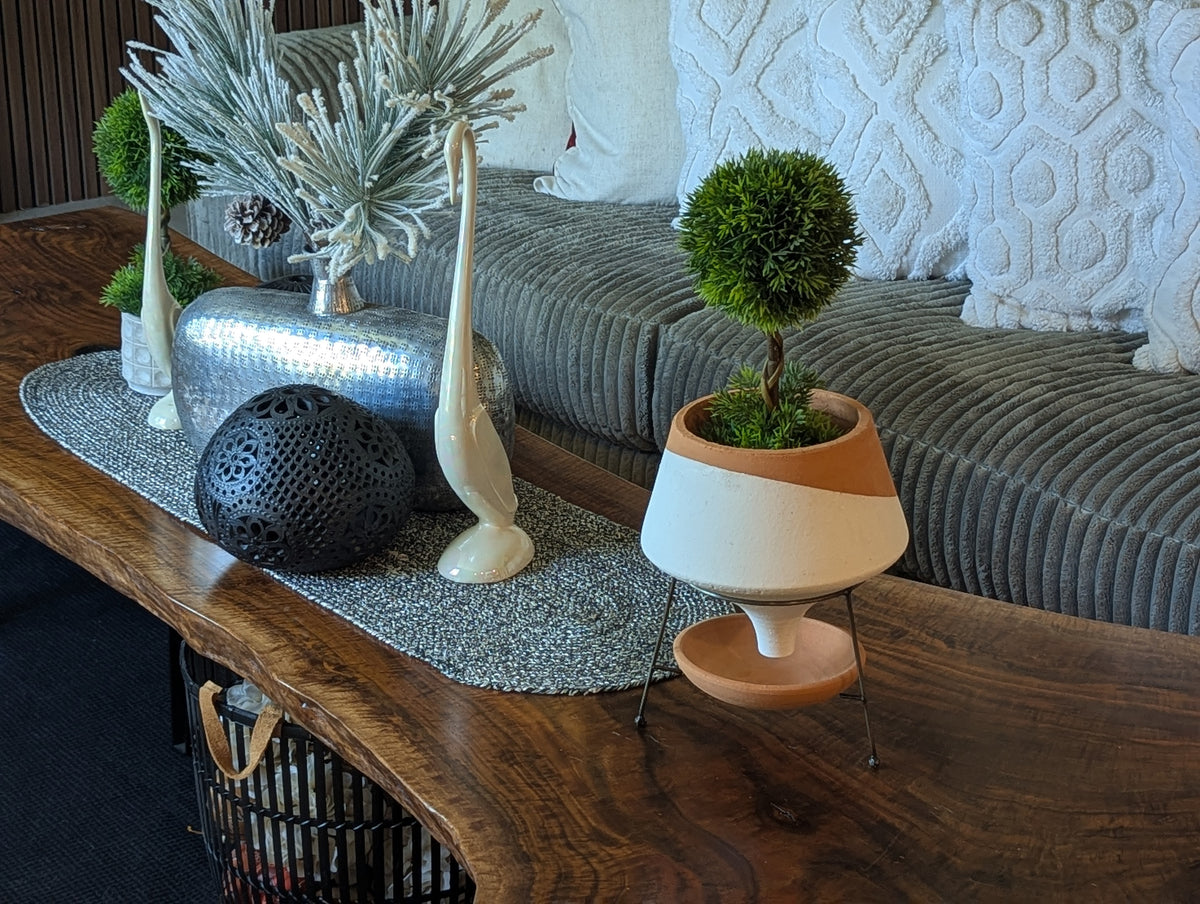 Natural & White Terracotta Funnel Planter with Wire Base, Indoor Flower Pot Housewarming Gift for Her