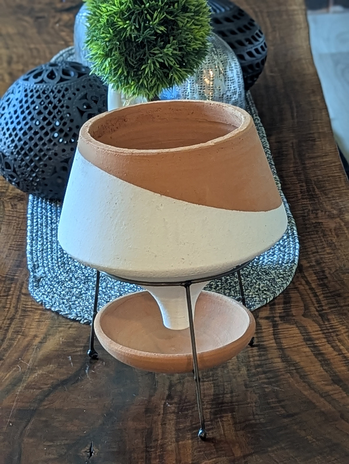 Natural & White Terracotta Funnel Planter with Wire Base, Indoor Flower Pot Housewarming Gift for Her