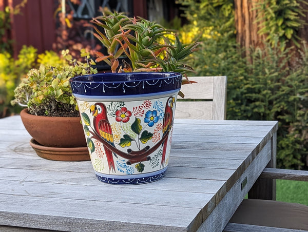 Parrots Flower Pot | 10.5" Round Ceramic Planter is Handmade Talavera Pottery - Use as Outdoor Garden Decor, Indoor Home Decor, Centerpiece