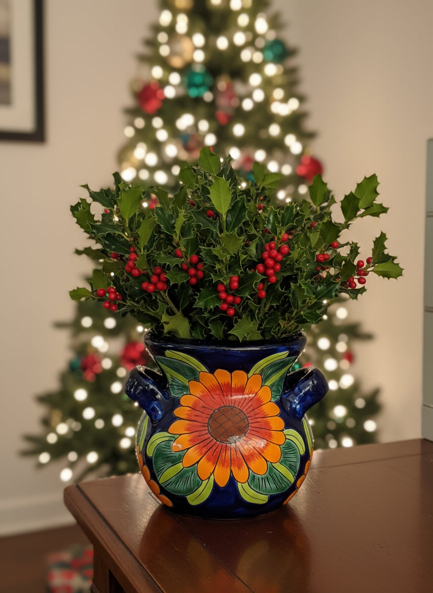 Decorative pot with greenery and berries in front of a Christmas tree