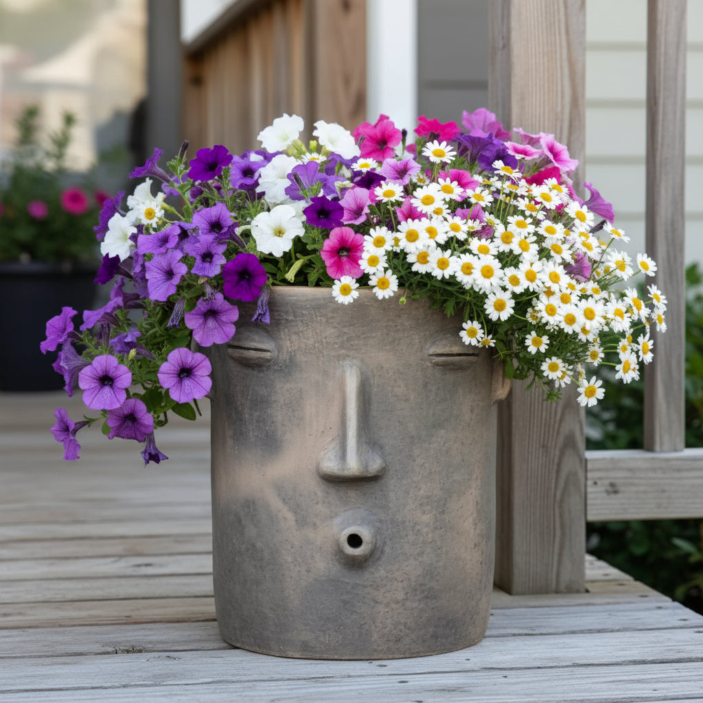 Big Face Planter & Whistler Flower Pot, Handmade Mexican Pottery of Atzompa Mexico, Indoor Outdoor Home Decor, Pot Ships 10-1