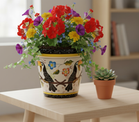 Toucan Flower Pot is Round Ceramic Planter Handmade in Mexico for Colorful Outdoor Garden Decor, or Bold Indoor Home Decor