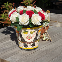 Toucan Flower Pot is Round Ceramic Planter Handmade in Mexico for Colorful Outdoor Garden Decor, or Bold Indoor Home Decor